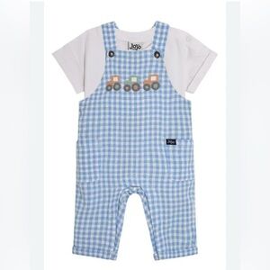 JoJo Maman Bebe Blue Tractor Gingham Baby Overalls 0-3 Month Set